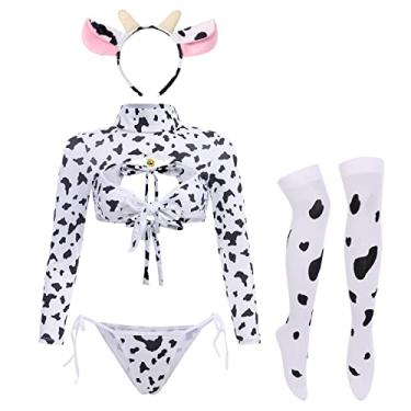Imagem de IBTOM CASTLE Fantasia sexy de vaca dálmata de leopardo e leite peludo kawaii, conjunto de lingerie de sutiã de biquíni anime para mulheres, Conjunto de empregada de vaca preta com 4 peças, Tamanho