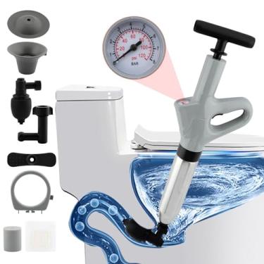 Imagem de Desentupidor de vaso sanitário, Blasters de drenagem de ar de alta pressão com barômetro visual, ferramenta de remoção de entupimento de dreno de aço inoxidável, desentupidor de vaso sanitário de