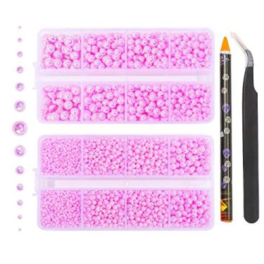 Imagem de 6540 peças roxo claro AB resina plana pérolas strass, tamanho misto 2/3/4/5/6/8/10 mm contas de pérola meia redonda pedras de strass com pinças e lápis selecionador para artesanato decoração de unhas DIY