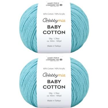 Imagem de HobbyMia Fio de algodão para bebês para crochê - 50 g / 180 m - (2) fio fino, peso esportivo - fio Amigurumi macio para linha de crochê - 60% algodão e 40% acrílico (Blue Hosta, 2 bolas)