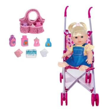Imagem de Boneca Bebê Andressa Faz Xixi 34cm + Carrinho e Bolsinha - Milk Brinqu