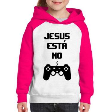 Imagem de Moletom Infantil Jesus está no controle - Foca na Moda, Branco, Rosa, 