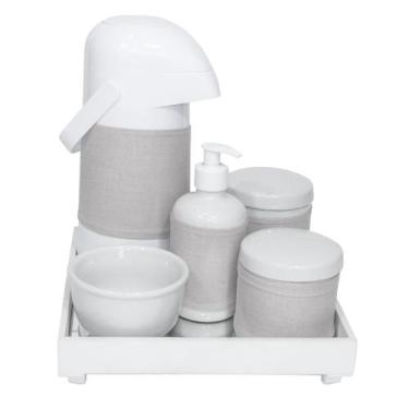 Imagem de Kit Higiene Espelho Completo Porcelanas, Garrafa e Capa Branco Quarto 