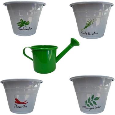 Imagem de Tempero sem casa Vasos Brancos 10 x 15 e regador Verde - Utensilios do