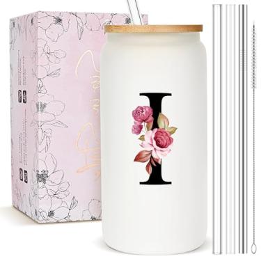 Imagem de Presentes personalizados para mulheres, copo de vidro fosco monograma com canudo e tampa, caneca personalizada fofa, copos de café gelado com inicial personalizada, copo de bebida personalizável,
