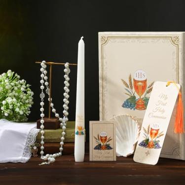 Imagem de Conelist Conjunto de 7 caixas de presente de primeira comunhão católica para meninas e meninos com vela, rosário, lapela, alfinete, cartão de oração, lenço, lembrancinhas de batismo cristão