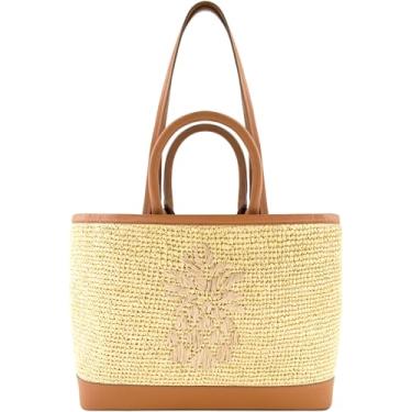 Imagem de Concept One Tommy Bahama Bolsa feminina com zíper, bolsa de viagem de ráfia de papel com alça de ombro e acabamento de couro, marrom, Bronzeado, Tommy Bahama Bolsa feminina com zíper, bolsa de viagem