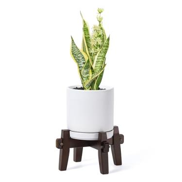 Imagem de D'vine Dev Vaso de Cerâmica com Suporte de Madeira - Conjunto de Vasos Cilíndricos Modernos de Meados Do Século de 6 Polegadas para Plantas E Flores de Interior, Branco, 55-Az-1