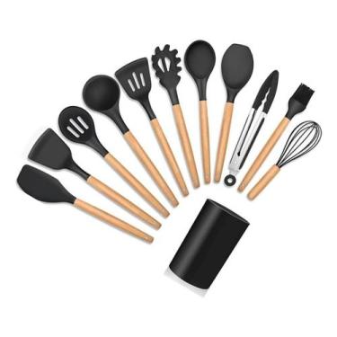 Imagem de Kit Utensílios Cozinha Talher Silicone 12 Peças Cabo Madeira - SHOPPIN
