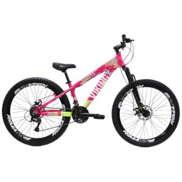 Imagem de Bicicleta Aro 26 Viking Tuff x25 21 Marcha Quadro em Alumínio Freio a Disco (Rosa/Verde)