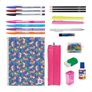 Imagem de Kit Material Escolar Feminino Caderno Tilibra 10 Matérias  Estojo + 20