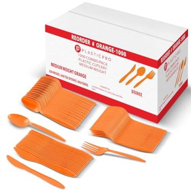 Imagem de PLASTICPRO Conjunto de talheres de 1000 peças de garfos, colheres e facas de plástico laranja, pacote variado de talheres coloridos descartáveis para festa, escritório em casa