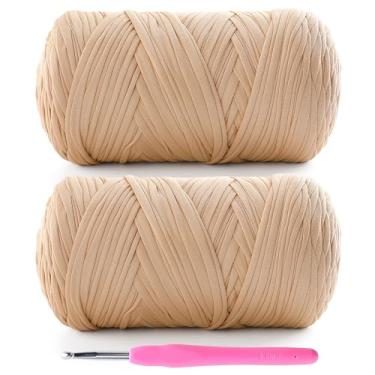 Imagem de Pacote com 2 fios de camiseta para crochê - 800 g/260 m para sacos de crochê/cestas/decoração de casa - fio de camiseta de tecido elástico macio com 1 agulha de crochê (2, cáqui)