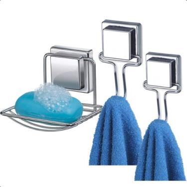 Imagem de Kit Banheiro Acessorios 2 Ganchos Porta Toalha e Porta Sabonete Aço Cr