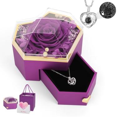 Imagem de Emibele Colar de rosa real preservada com coração, caixa de rosas eternas com colar I Love You, 100 idiomas, joia de rosa presente para mãe, esposa, mãe, dia dos namorados, vovó, roxo