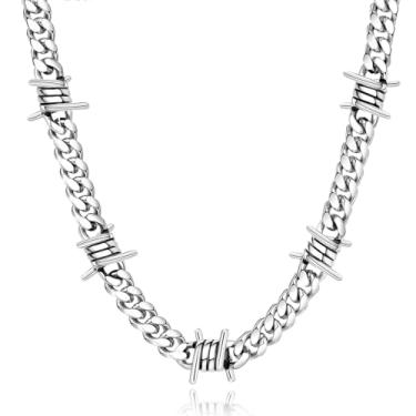 Imagem de FEEL STYLE Corrente de elos cubanos de arame farpado para homens e mulheres colar gargantilha de espinhos de aço inoxidável hip-hop punk joia gótica 41-56 cm, 22inch, Aço inoxidável, Sem Pedra