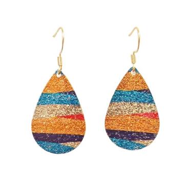 Imagem de Brincos pendentes de gota, padrão listrado multicolorido, anzol dourado, acabamento com glitter, general, Metal, Sem pedra preciosa
