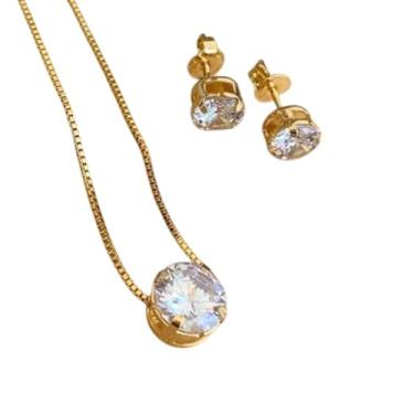 Imagem de Conjunto Colar e Brinco Ponto de Luz Zircônia Banhado a Ouro 18K -Anti alérgico.