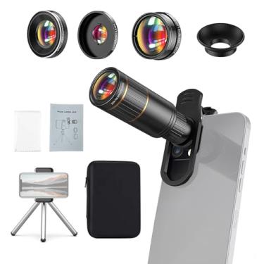 Imagem de Andoer Kit de lentes de telefone 4 em 1 conjunto de lentes de câmera de telefone externo com lente teleobjetiva 22X 205° lente olho de peixe 4K 0,67X lente grande angular 25X clipe de lente macro