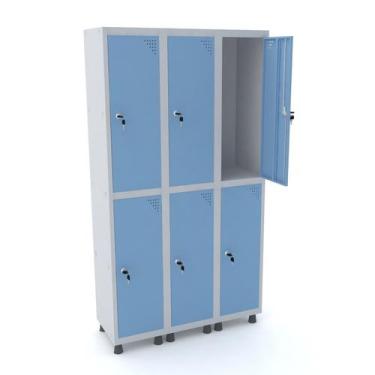 Imagem de Roupeiro de aço 3m 06 portas fechadura pandin - cinza/azul dalí