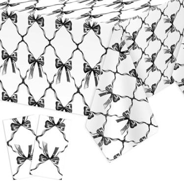 Imagem de Oudain 2 peças de toalha de mesa com laço preto, toalha de mesa de plástico descartável, decoração de festa para despedida de solteira, aniversário, chá de bebê, artigos de decoração de festa