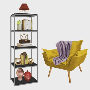 Imagem de Kit Poltrona Fatte com Manta Soft Lilás e Estante Livreiro Ferro Cinza mdf Preto Suede Amarelo - Ahazzo Móveis