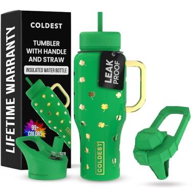 Imagem de Copo Coldest com alça e canudo - Copo isolado 100% à prova de vazamento com tampa e canudo (3 tampas) - Copos de aço inoxidável para mulheres e homens - Base compatível com porta-copos, 1,020 g (sorte
