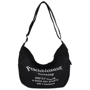 Imagem de Bolsa Feminina Transversal Moda Coreana Teen Academia Personalizavel Lona Bolsa de Ombro de Lona com Padrão de Letra de Moda Simples, Bolsa de Ombro para Escola (Preto)