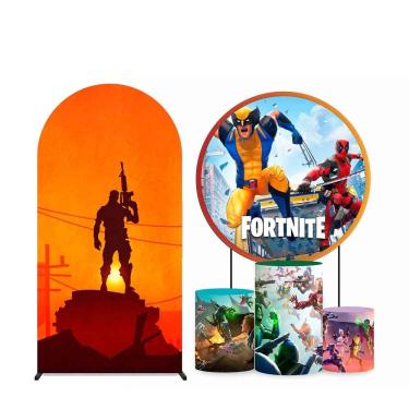 Imagem de Kit Painel de Festa Redondo 1,80m, Trio de Cilindros e Painel Romano Fortnite - Fera Print