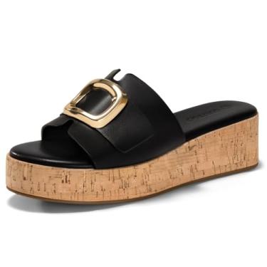 Imagem de Coutgo Sandálias Femininas Plataforma De Cortiça, Salto Anabela, Fivela De Metal, Sandálias De Verão Abertas, Pretas, Tamanho 8