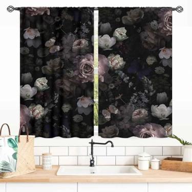Imagem de Cortinas florais pretas, vintage preto rosa primavera flor rosa penoy plantas botânicas impressão de arte estética boho chique pequenas cortinas de janela curta para quarto sala de estar cozinha café