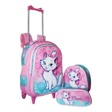 Imagem de Kit Mochila Gatinha Marie Meninas Rodinhas Escolar Rosa - GAC VARIEDAD