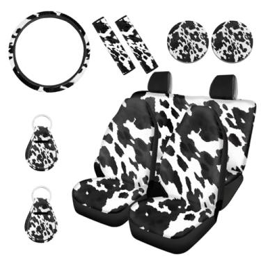 Imagem de Wanyint Conjunto completo de acessórios de carro com estampa de vaca preta e cinza, capas universais de assento de carro, capa de volante, cinto de segurança, suporte de copo, chaveiros, 11 peças,