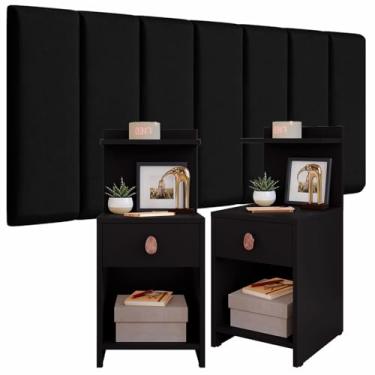 Imagem de CONJUNTO QUARTO KIT MOZAO COM CABECEIRA MODULADA + KIT CRIADO CAMA MUDO 2 MESA DE CABECEIRA CASAL COM GAVETA (PRETO)