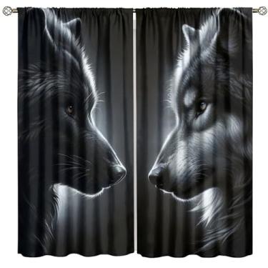 Imagem de Cortinas blecaute lobo preto e branco animais selvagens tratamento de janela para crianças, meninos, quarto de jogos, decoração blackout cortinas de janela 106,7 cm L x 114,3 cm C