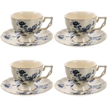 Imagem de Conjunto de 4 xícaras de café de 227 g com - xícara de café expresso de cerâmica, vintage, estampa floral para chá, cappuccino, leite, lavável na lava-louças