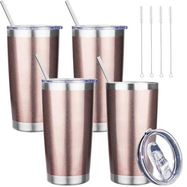 Imagem de YEBTS Life Copo de 590 ml com tampas e canudos, caneca de café de viagem com isolamento de aço inoxidável, copos isolados a vácuo de parede dupla, copo de café revestido em pó para bebidas frias e