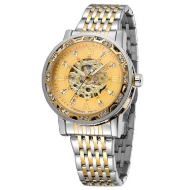 Imagem de FORSINING Relógio cronógrafo masculino automático de aço inoxidável, fácil leitura, esqueleto, diamante, luxuoso, à prova d'água, numerais romanos, Dourado, Clássico