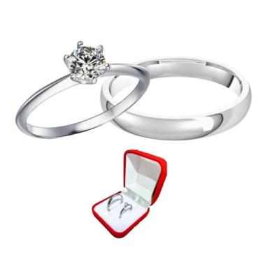 Imagem de Anel 4mm Namoro Prata Compromisso + Solitario Anel Tungstenio 2mm Prat