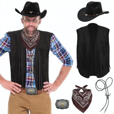 Imagem de XonyiCos Conjunto de 5 peças de cowboy para homens, fantasia de faroeste, chapéu, colar, bandana e franjas, colete para cosplay e festa de rodeio, Preto, M
