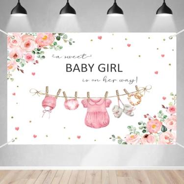 Imagem de AEMUYA Roupas de bebê para meninas, faixa de chá de bebê, A Sweet Baby Girl is On Her Way, rosa, floral, boêmio, decoração de fundo para festa de bebê, 188 x 109 cm, perfurada em todos os quatro