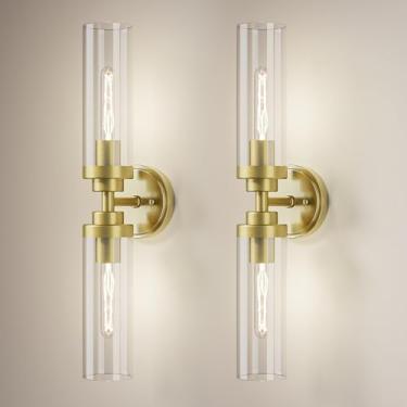 Imagem de PAZALA Conjunto De Duas Arandelas Douradas, Latão Com Fiação Fixa Para Banheiro E Vidro Transparente, Decoração Moderna 2 Arandelas, Luminárias Banheiro, Espelho, Quarto Corredor (Lâmpadas Não Inclu