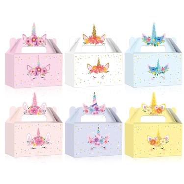 Imagem de ZOIIWA 12 caixas de lembrancinhas de festa de unicórnio com tema de arco-íris, caixa de presente de papel princesa com alça para decoração de aniversário, chá de bebê, festa de casamento, suprimentos