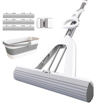 Imagem de TBATM Mop Squeezy com Cabeça de Esponja Super Absorvente, Mop de Assoalho e Balde Conjunto ou Sem Balde, Punho de Aço Inoxidável Escalável, Uso Seco Molhado, para Laminado, Telha, Piso de Madeira,F