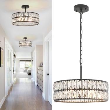 Imagem de JWLUYN Lustre De Cristal Moderno, Luminárias De Teto Semi-Embutidas Pretas De 5 Luzes, Lustre Preto Para Sala De Estar, Ilha De Cozinha, Sala De Jantar, Quarto, Corredor