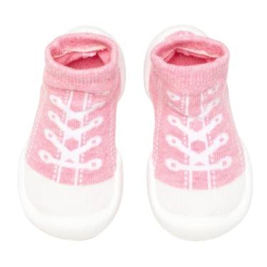 Imagem de Komuello Tênis respirável, lavável, antiderrapante, ajuste seguro, meias de algodão com almofada para uso interno e externo, unissex para meninos e meninas, Tênis rosa, 12-18 Months Toddler