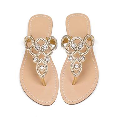 Imagem de AIJIVOU Sandálias rasteiras femininas de strass, chinelos femininos com clipe de bico anelado com strass de cristal e joias para verão, praia, praia, praia, férias ao ar livre, Ouro nº 2, 6.5-7