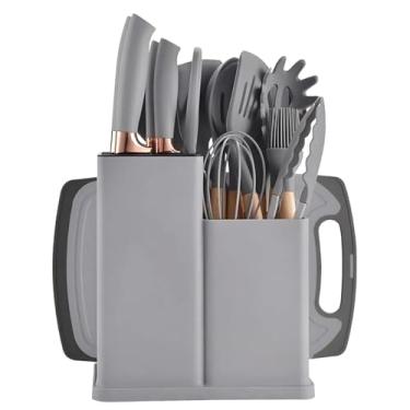 Imagem de Utensilios Para Cozinha Silicone Kit 19 Peças Cabo Madeira Conjunto Completo Espátula Concha Colher Jogo Suporte Faca Antiaderente Tabua Tesoura Faqueiro MM House