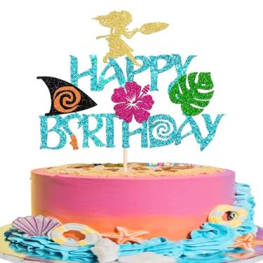 Imagem de Rsstarxi 1 Pack Moana Happy Birthday Cake Topper Blue Glitter Palm Leaf Flower Cake Pick for Summer Hawaiian Tropical Luau Baby Shower Kids Birthday Party Cake Decorations Supplies