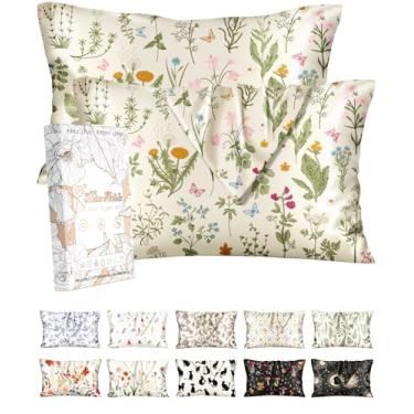 Imagem de Miss Adola Pacote com 2 fronhas de seda – fronha de seda tamanho queen de 50 x 76 cm com zíper oculto para mulheres, macia, respirável, design fofo, fronha para cabelo e pele, flor de folha